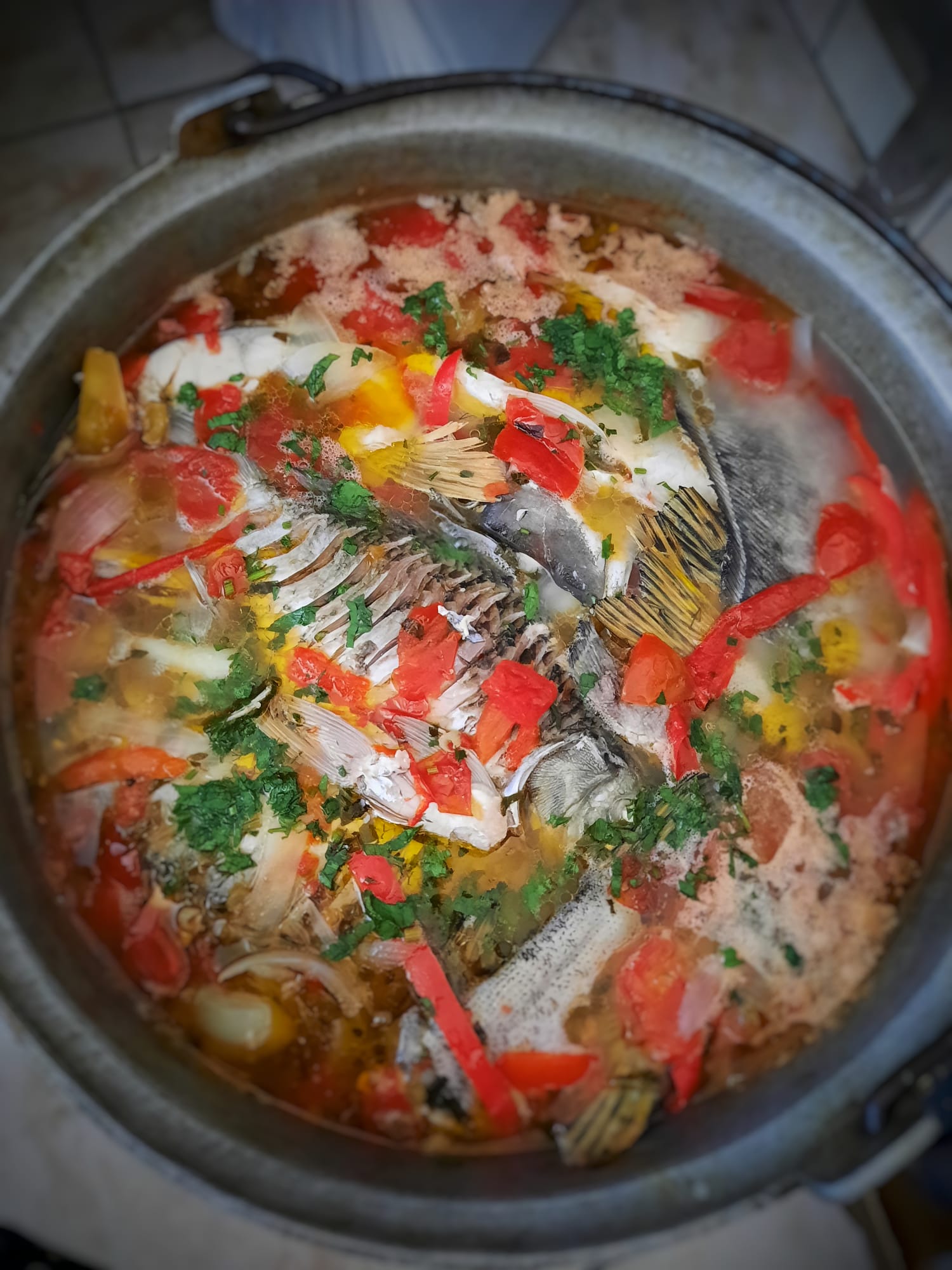 Traditional fish stew simmering in the cauldron