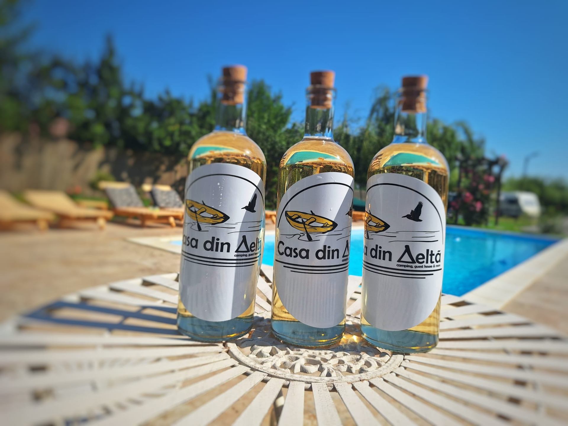 House-labeled bottles by the pool